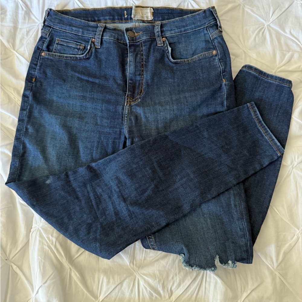 Free People Dark Blue Straight Leg Busted Knee Jeans
